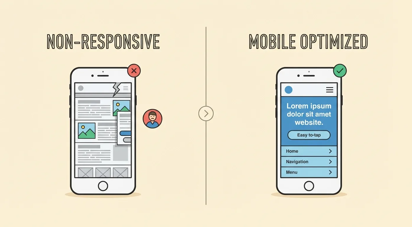 Side-by-side comparison of a website on desktop and mobile showing responsive vs non-responsive design