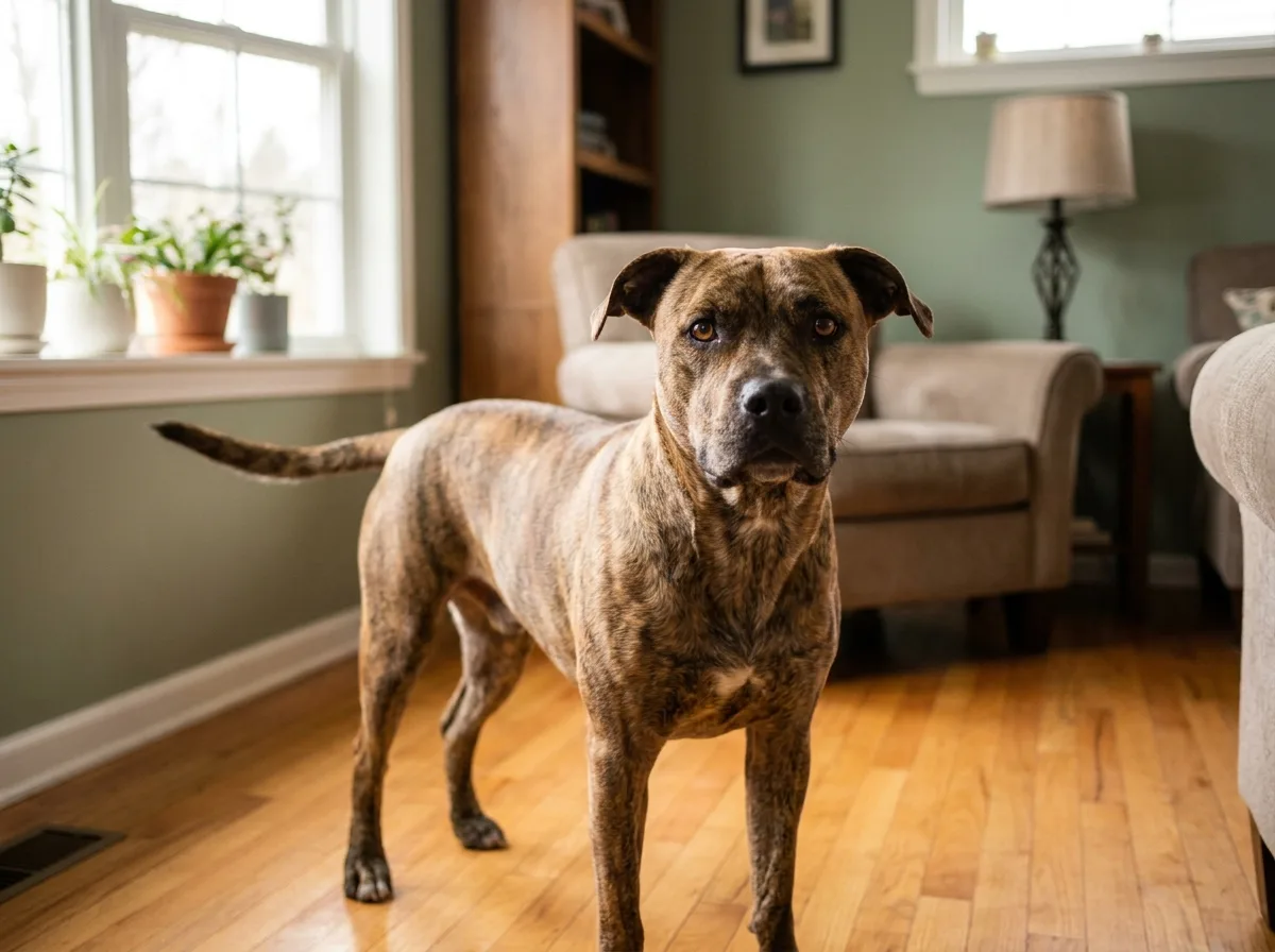 Clementine, a brindle terrier mix, standing on a hardwood floor by a window