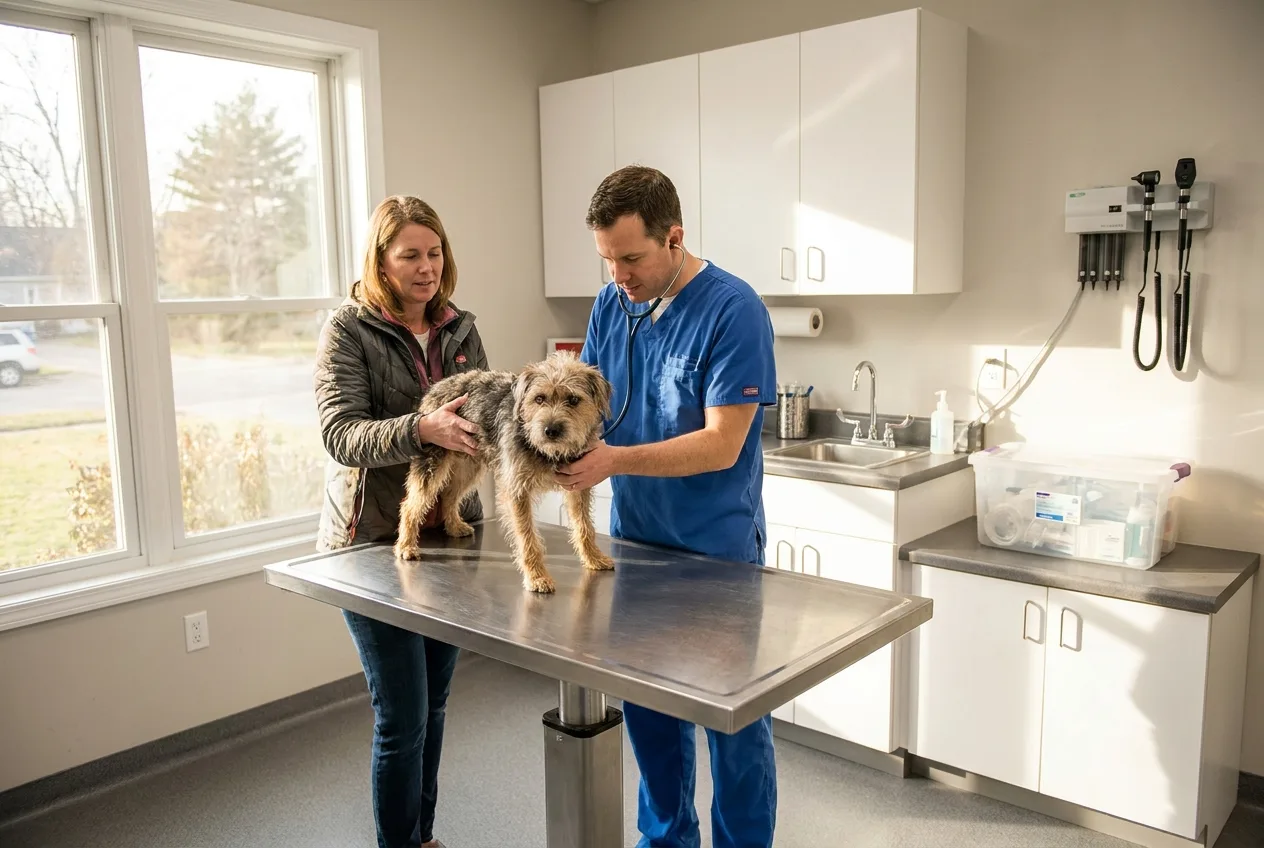 A veterinarian in blue scrubs listening to a small terrier's chest while the dog's owner steadies him on a stainless exam table