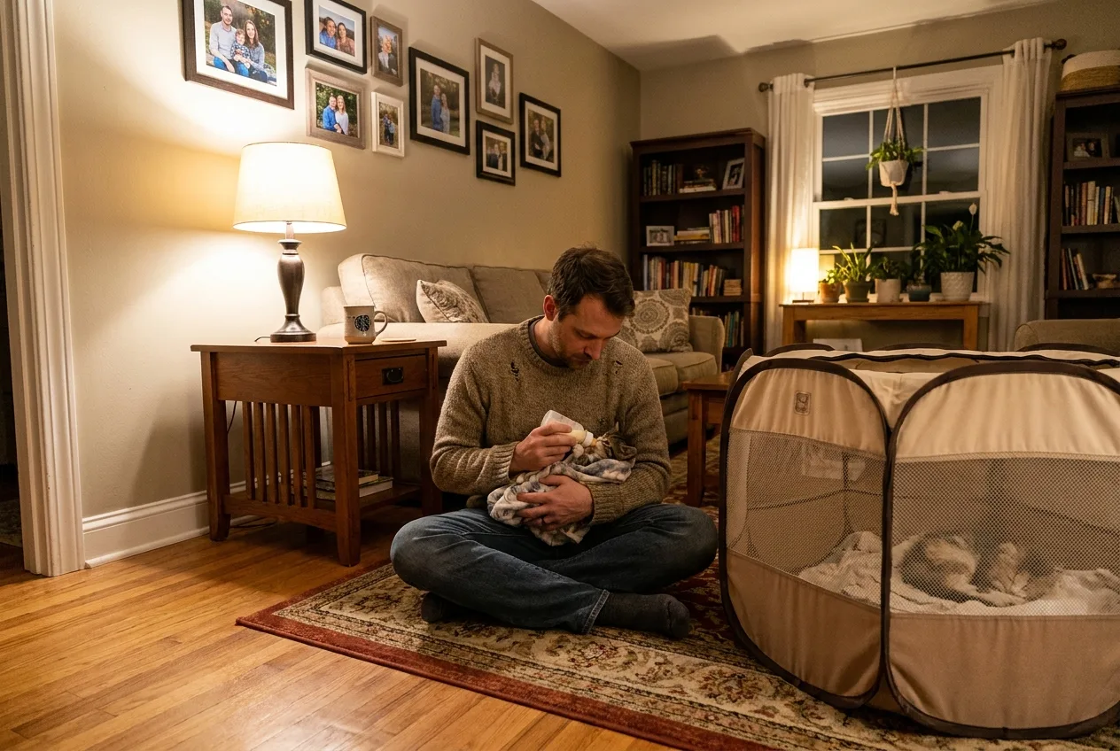 A foster volunteer sitting on his living room floor bottle-feeding a kitten wrapped in a towel, with a second kitten asleep in a pen beside him