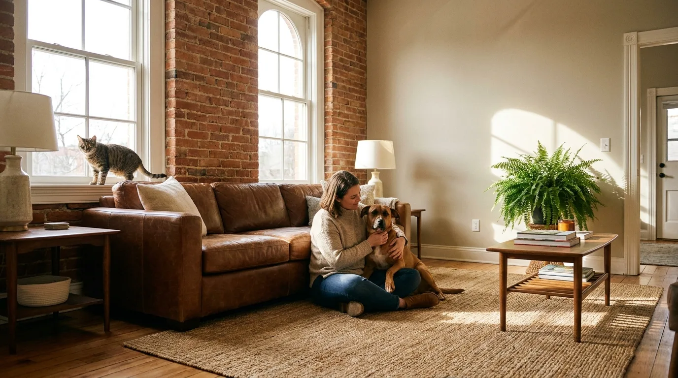 A volunteer sitting on a rug with a brown dog in the front room of the Beargrass adoption center, with a tabby cat on the windowsill behind them