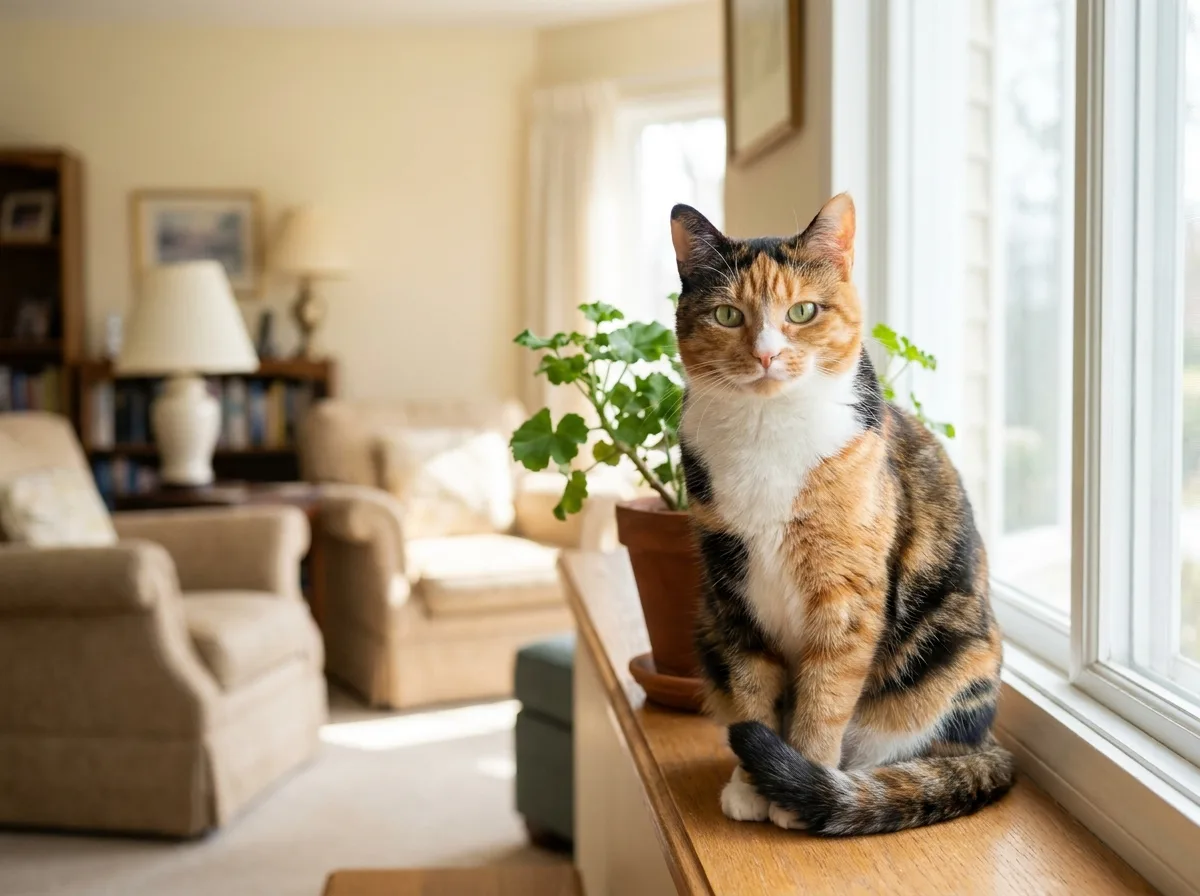 June Bug, a calico cat with green eyes, sitting upright on a wooden ledge beside a sunny window