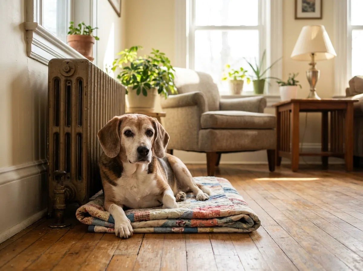 Mabel, a graying beagle mix, resting on a folded quilt