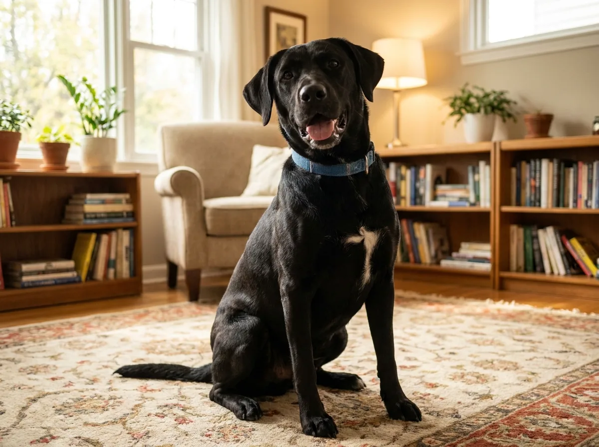 Otis, a large black labrador mix with a white chest patch, sitting on a rug
