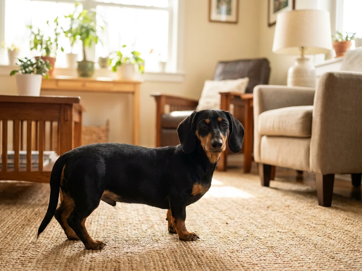 Pickle, a black and tan dachshund mix puppy with long floppy ears, standing on a woven rug in a sunlit living room