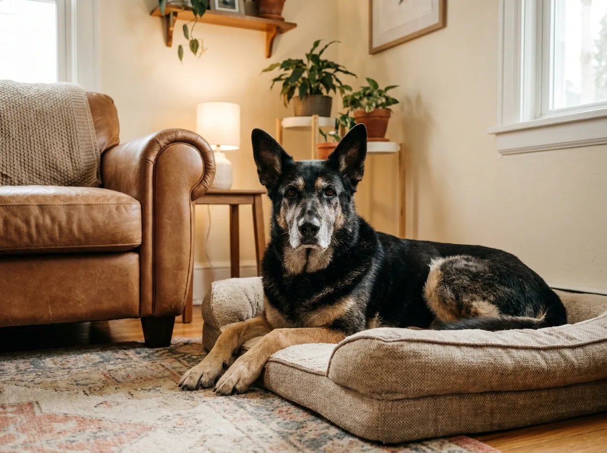Ruthie, a black and tan shepherd mix with a gray face, lying on a padded dog bed