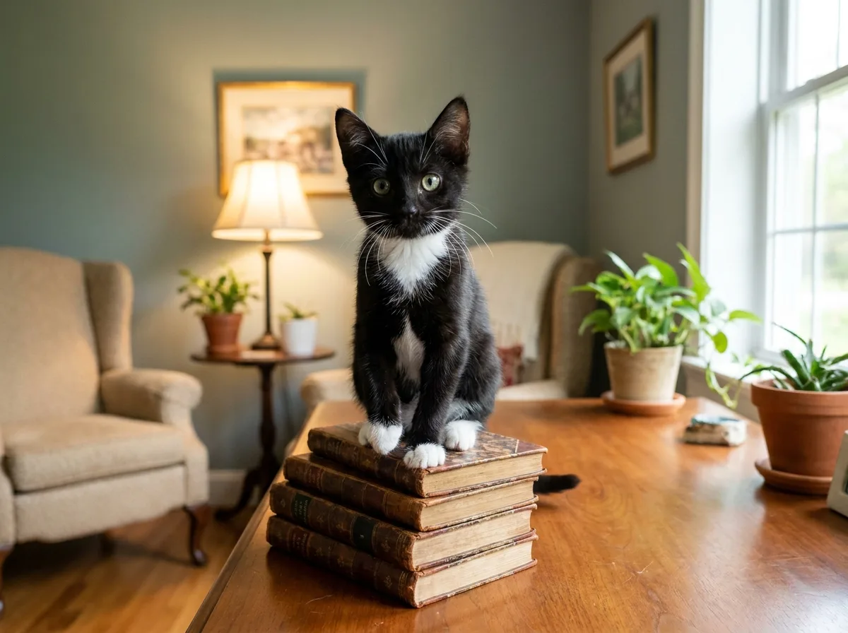 Sable, a black and white tuxedo kitten, perched on a stack of books