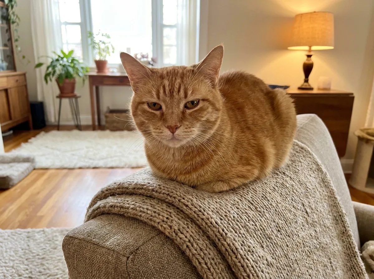 Tobias, a broad-faced orange tabby cat, resting on a knitted throw