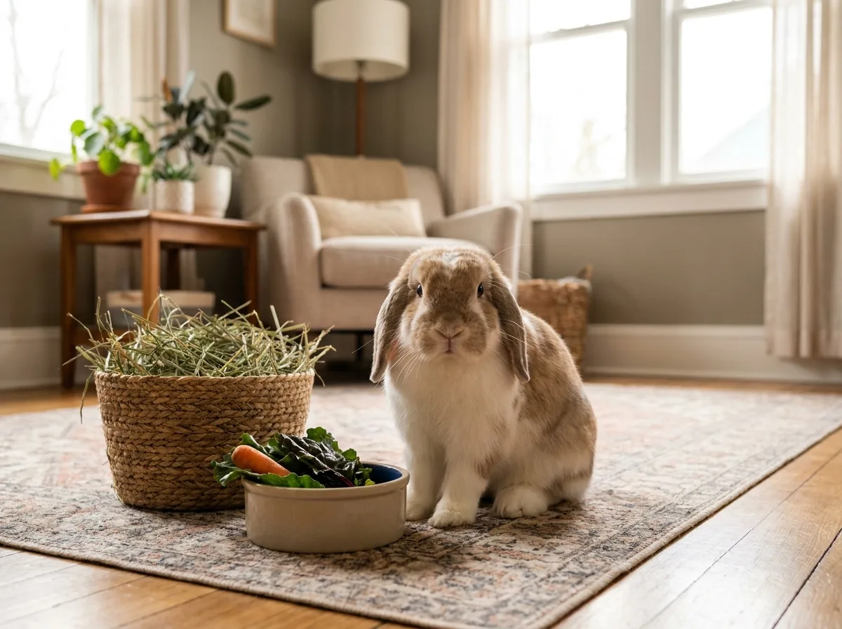 Waffles, a fawn and white Holland lop rabbit, sitting beside a hay basket