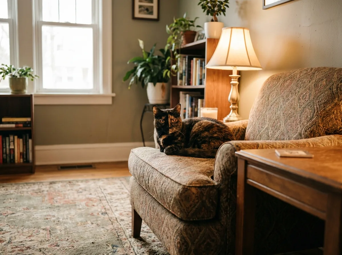 Winnie, a tortoiseshell cat with copper eyes, resting on the arm of a patterned upholstered chair