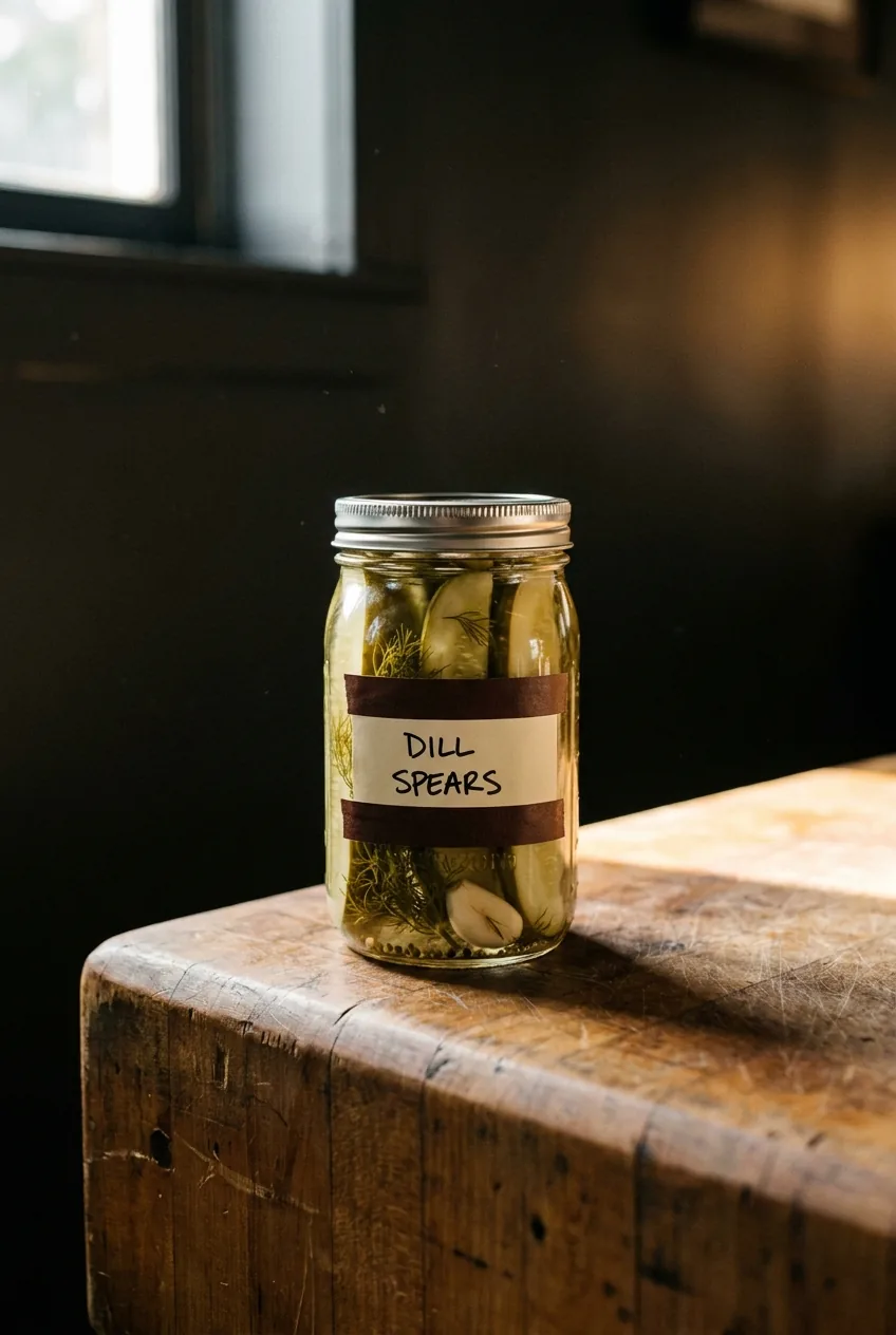 Bourbon Barrel Dill jar beside an oak barrel