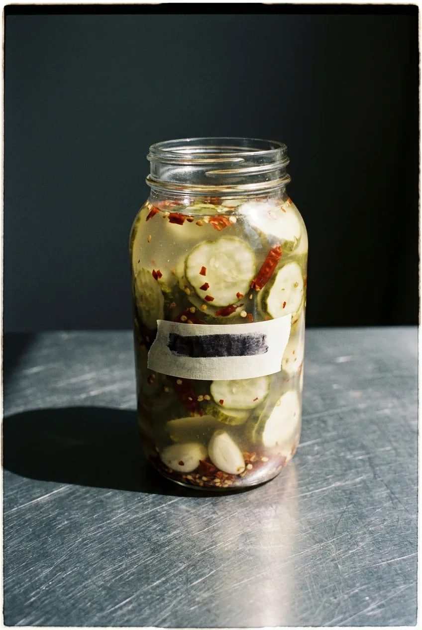 Spicy Garlic jar with chilies and garlic on a table