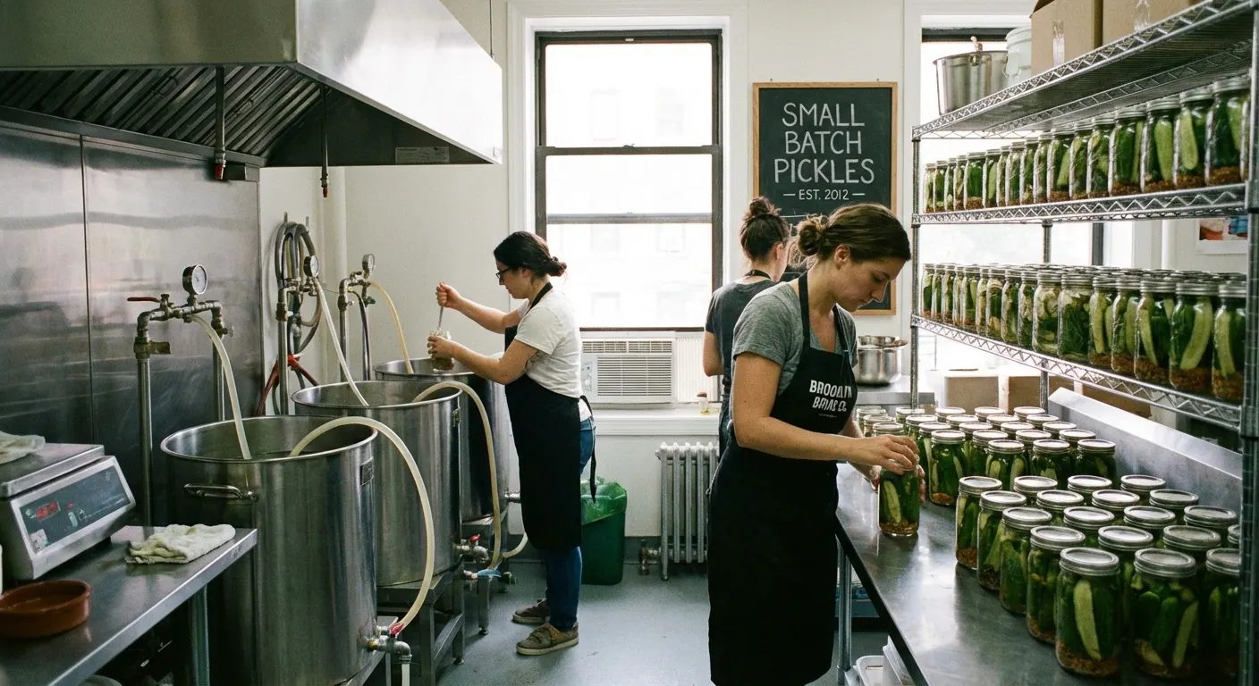 Shelves of finished jars in the pickle kitchen