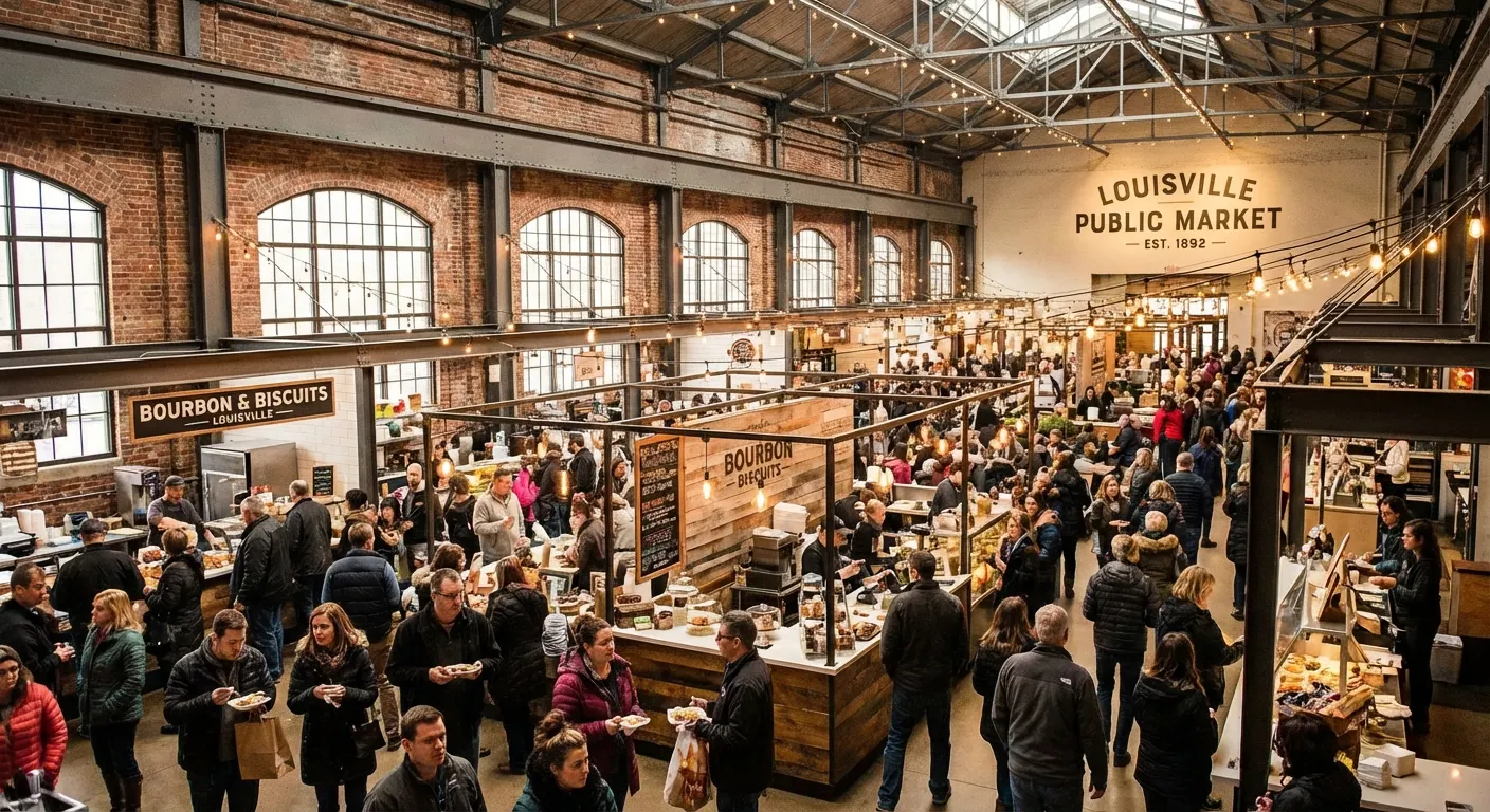Vendor booths under string lights inside a brick market hall