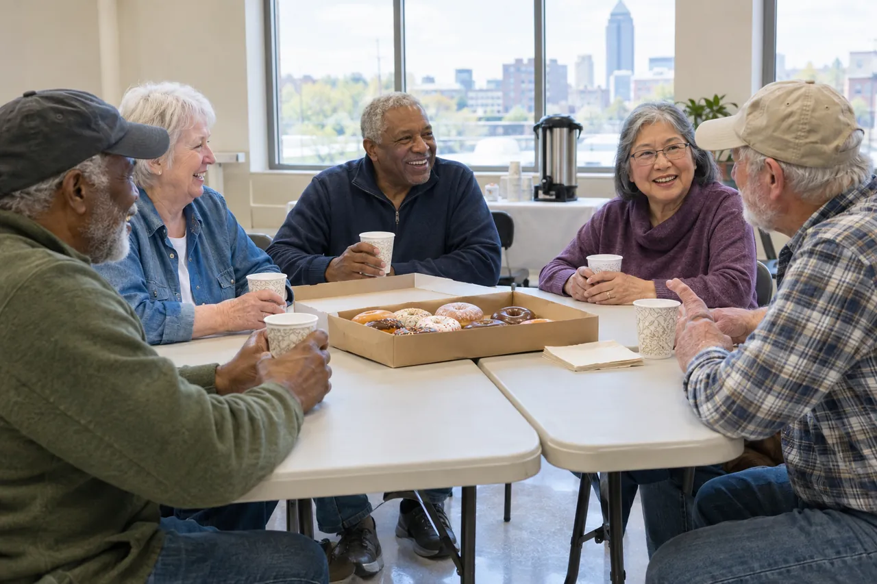 Five older neighbors laughing over paper cups of coffee and a box of donuts at folding tables