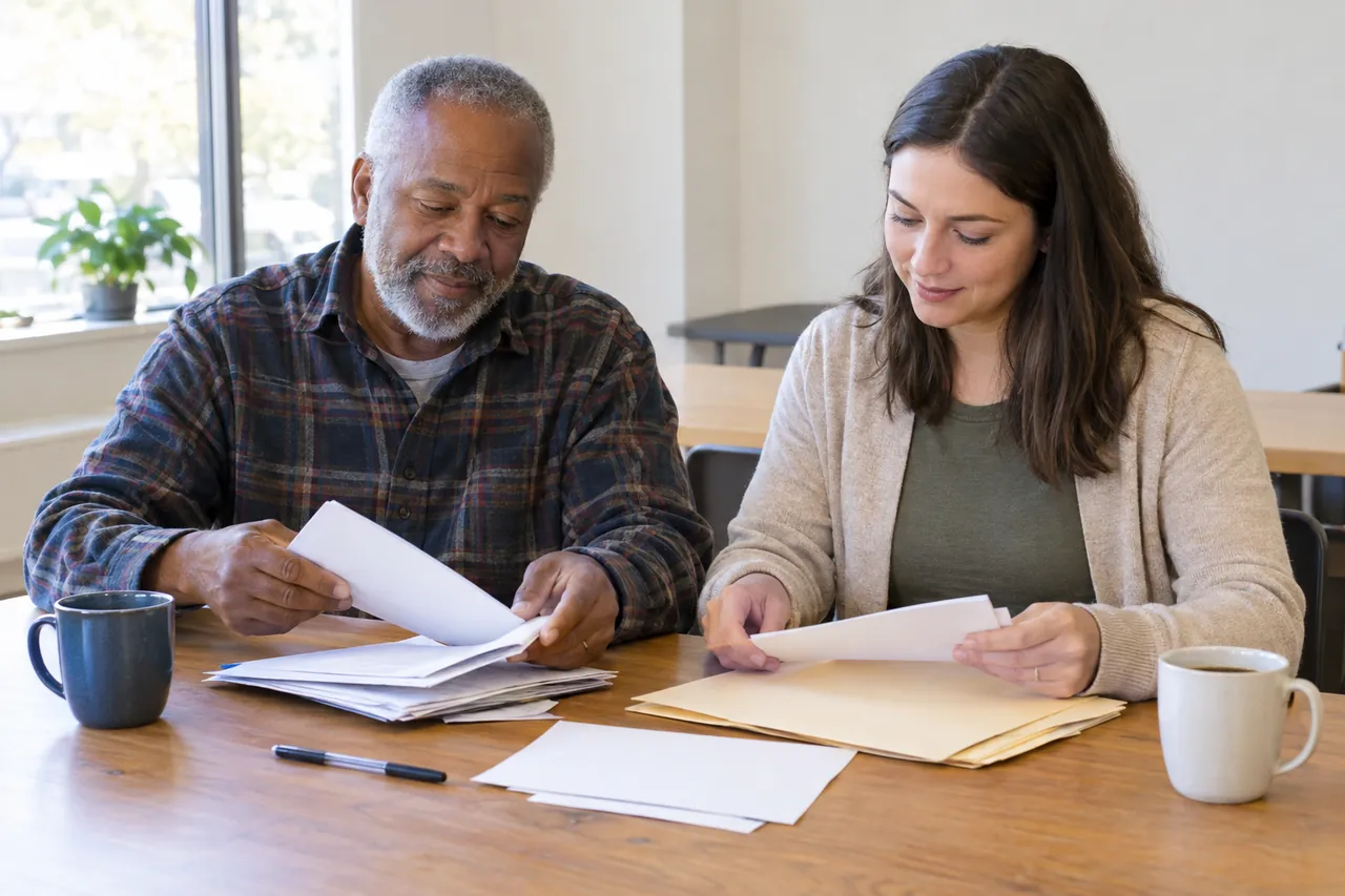 A volunteer and an older man sort mail and forms into folders at a table, coffee mugs beside them