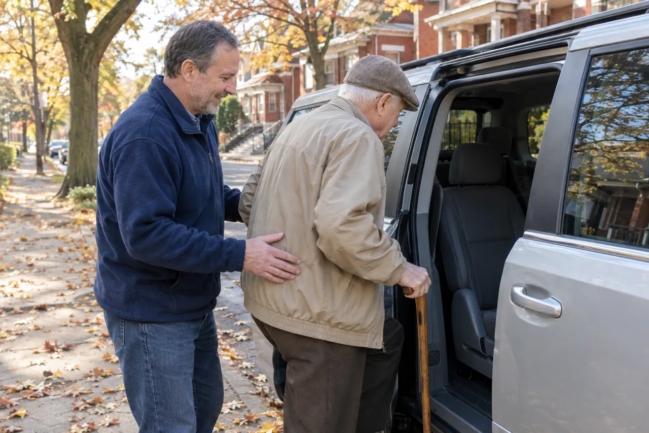 A volunteer driver steadies an older man with a cane as he steps into a minivan at the curb