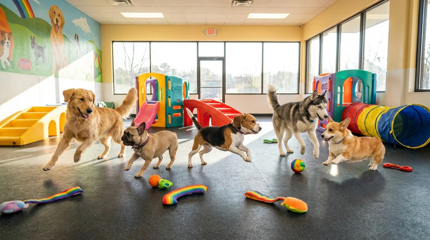 Five dogs of different sizes playing together in the indoor daycare room, with play structures, a tunnel, and toys