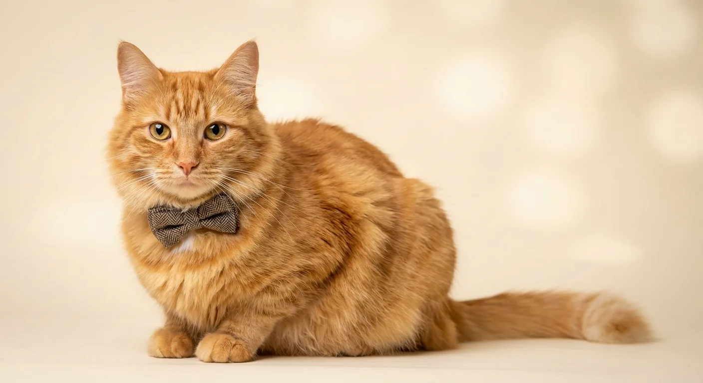 Olive, a long-haired orange tabby, wearing the bow tie she goes home in after a cat groom