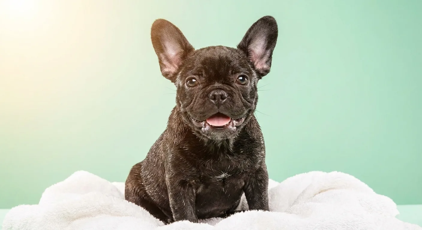 Waffles, a dark brindle French bulldog puppy, sitting on a white towel after a puppy bath