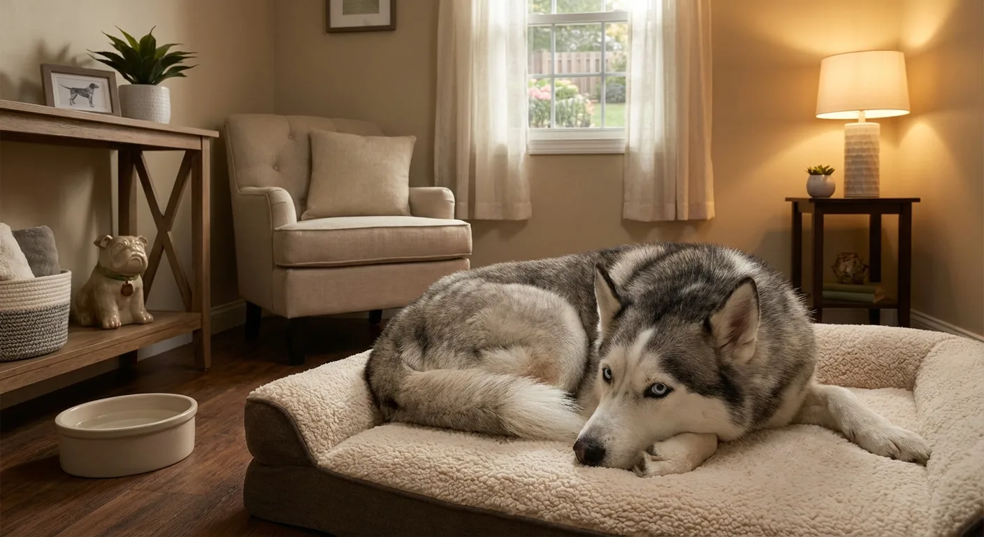 A husky curled up on a bolster bed in a private boarding suite with an armchair and a lamp