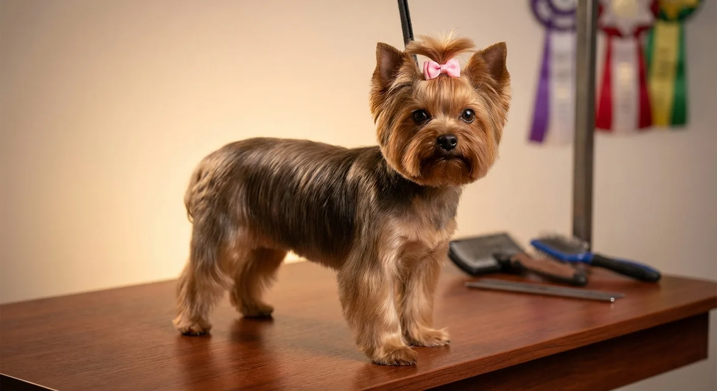 Pepper, a Yorkshire terrier, on the grooming table with a fresh pink bow in her topknot