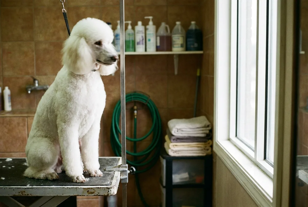 Cricket, a white standard poodle, on the grooming table after a full haircut
