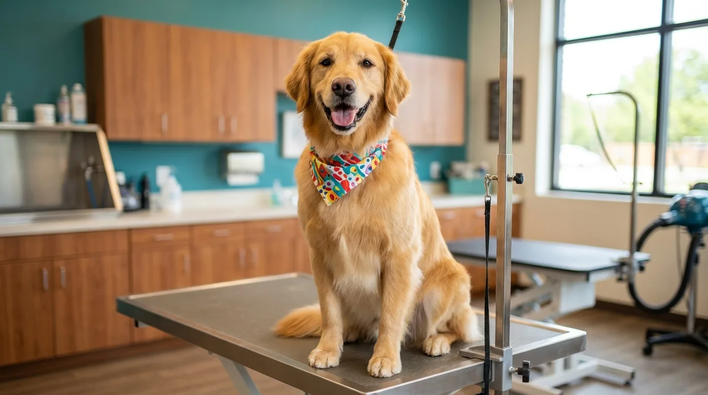 Golden retriever with a bandana after a groom at Paws and Claws