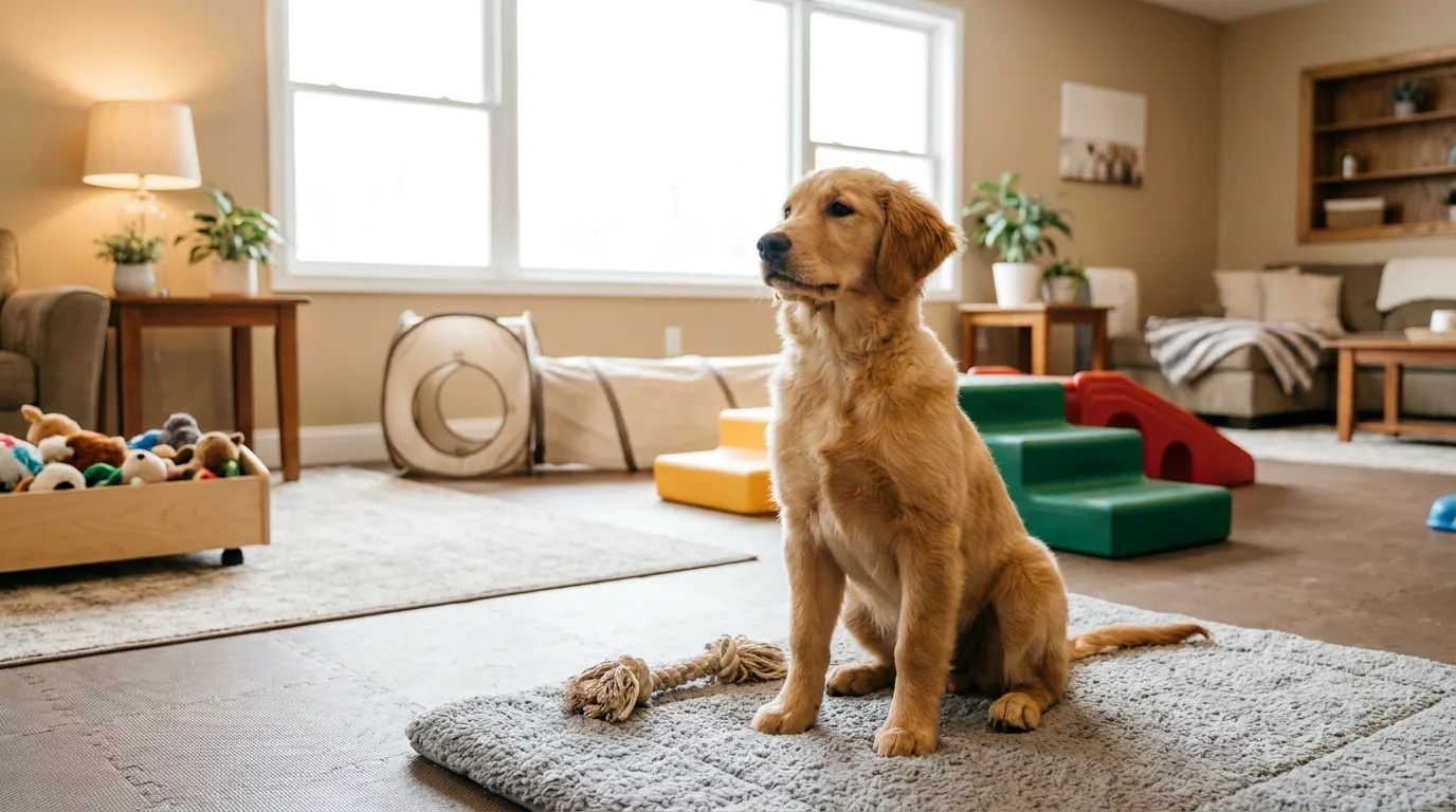 Biscuit, a young golden retriever, sitting on a rug in the daycare playroom with a rope toy beside him