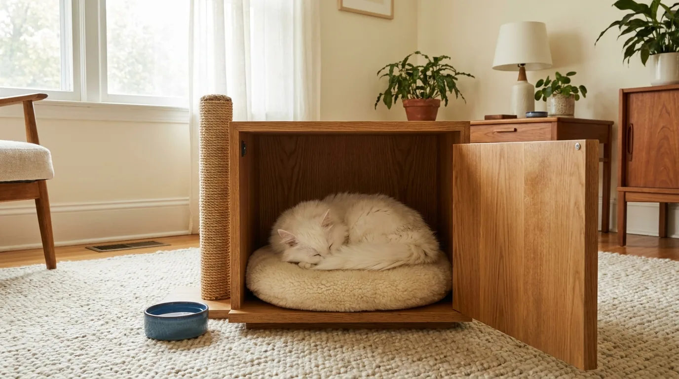 Juniper, a white long-haired cat, curled up asleep on a cushion inside a wooden cat condo