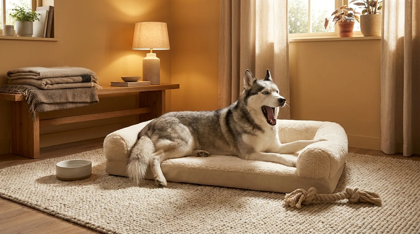 Marlowe, a husky, mid-yawn on a plush bolster bed in a lamp-lit boarding suite