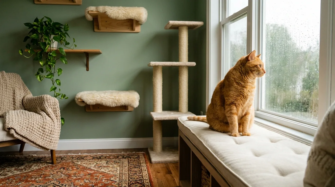 Miso, an adult orange tabby, watching the rain from the cushioned window bench in the cat room