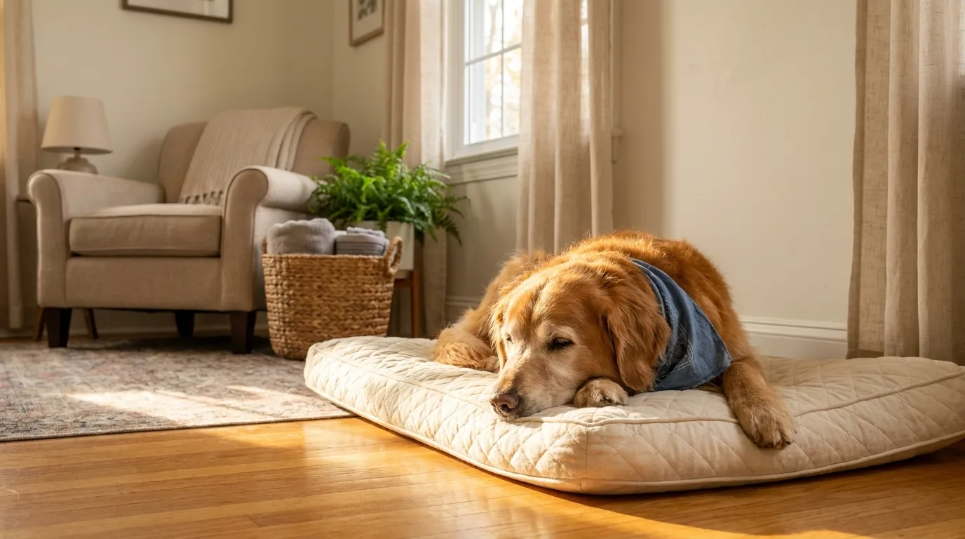 Sable, a golden retriever in a blue bandana, asleep on a quilted bed in a patch of afternoon sun