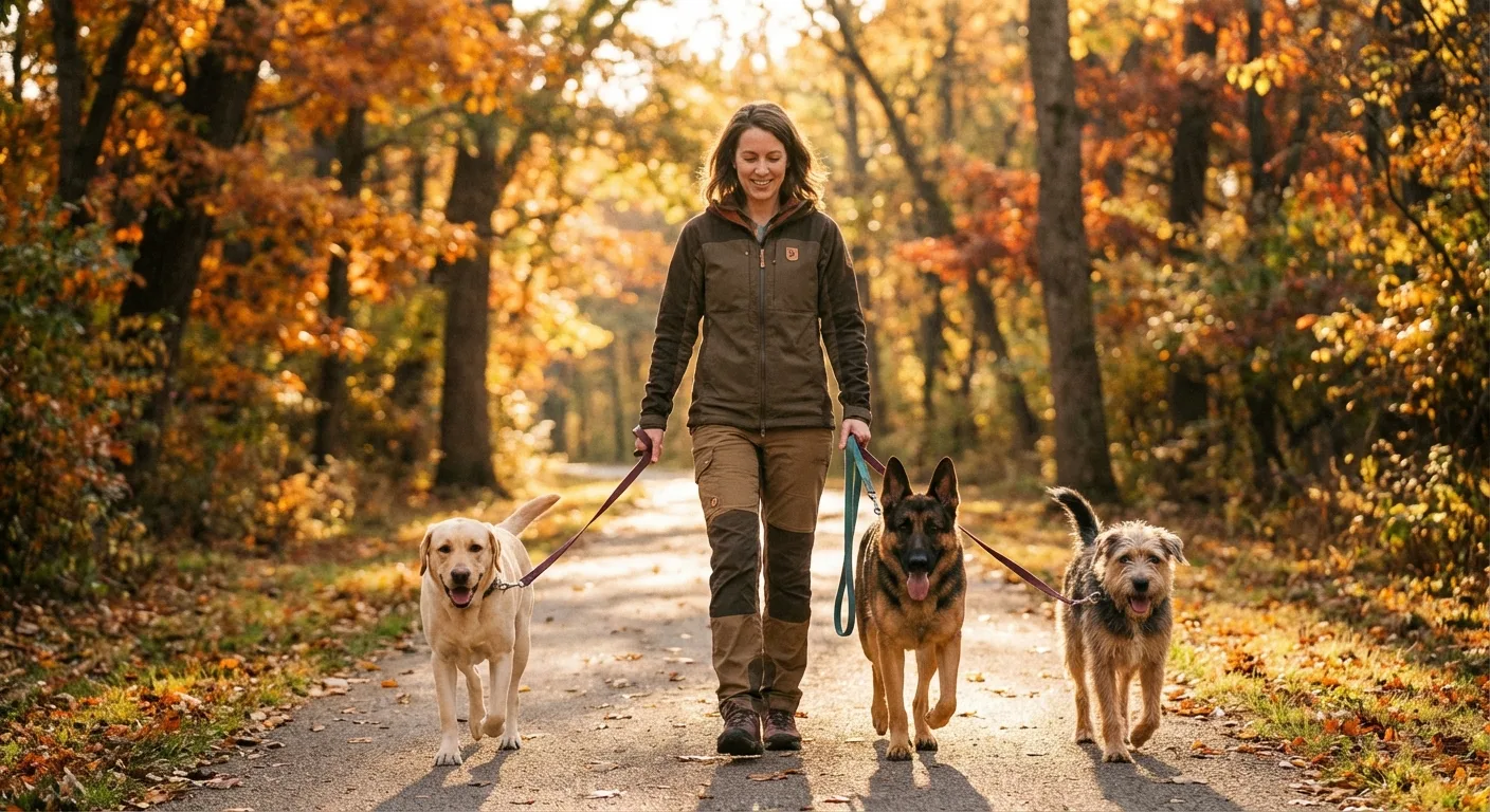 A Paws and Claws walker leading three dogs, a yellow lab, a German shepherd, and a terrier mix, down a wooded trail