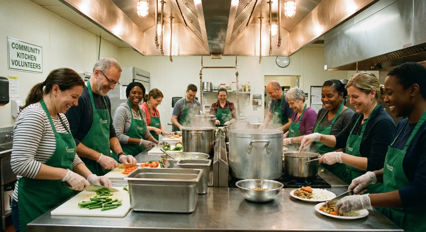 Volunteers in green aprons working together in the commercial kitchen