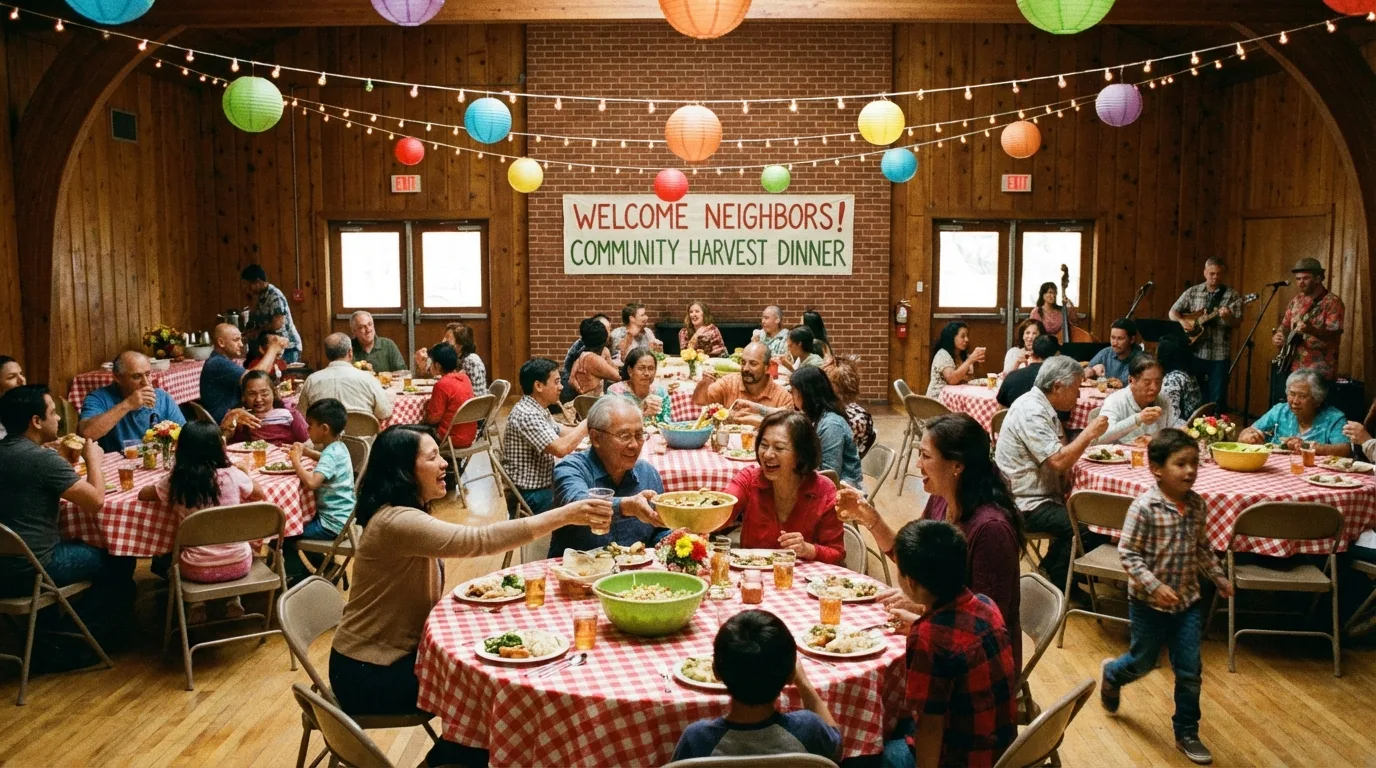 Community dinner event with checkered tablecloths and paper lanterns