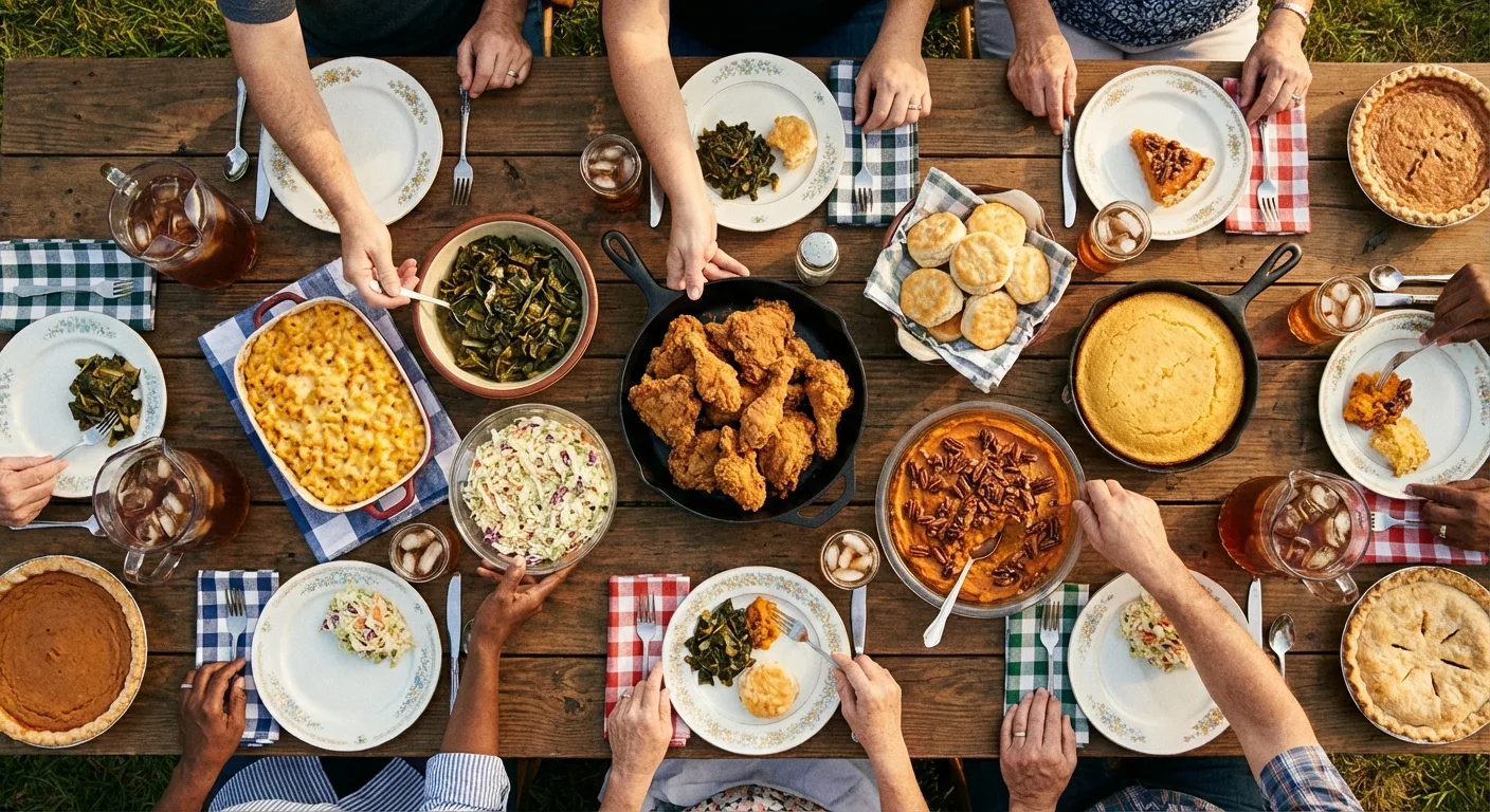 Southern comfort food spread with fried chicken, collard greens, cornbread, and mac and cheese