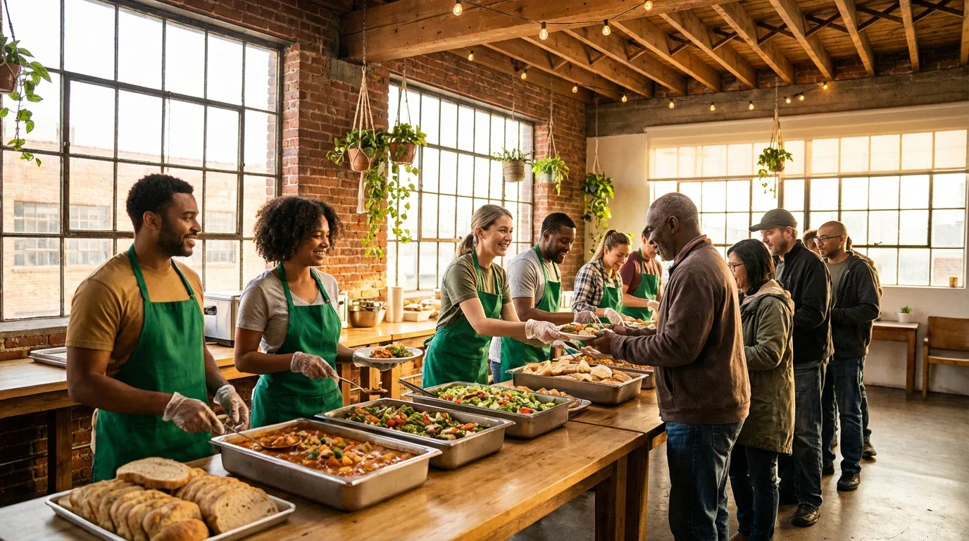 Volunteers serving meals at River City Community Kitchen