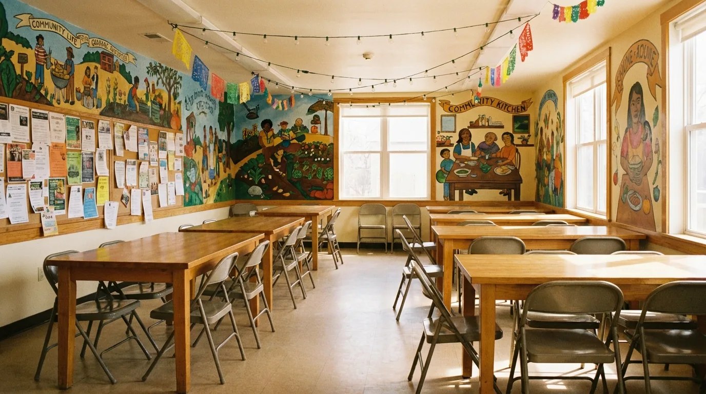 Dining room interior with tables, murals, and string lights