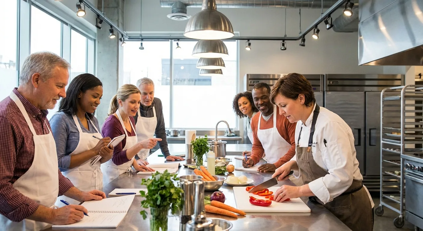 Chef instructor demonstrating knife skills to cooking class participants