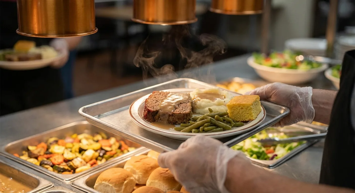 Volunteer serving a hot plate of meatloaf, mashed potatoes, and green beans