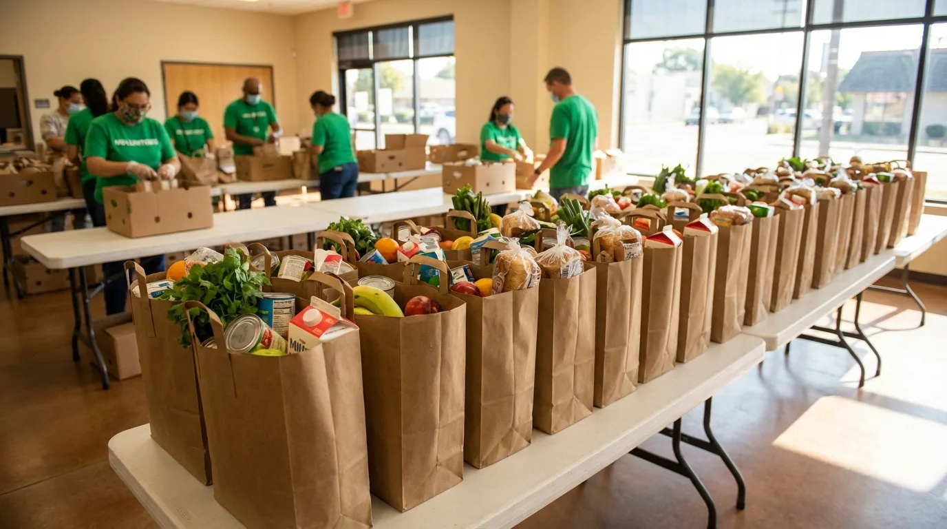 Paper grocery bags filled with fresh produce and pantry staples