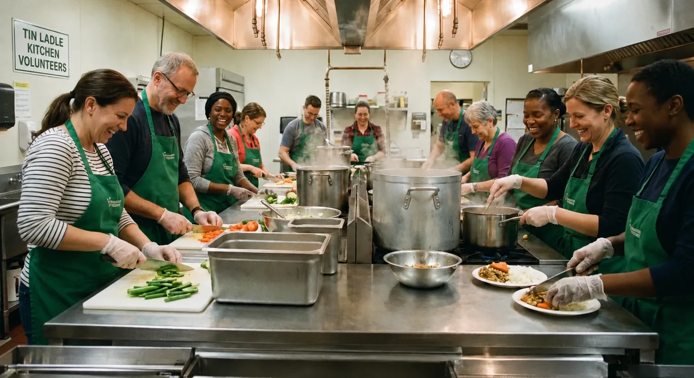 Volunteers in green aprons working together in the commercial kitchen
