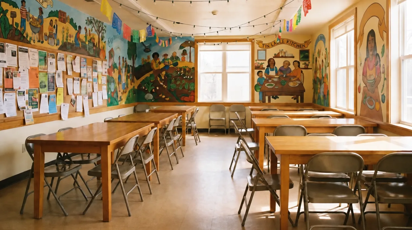 Dining room interior with tables, murals, and string lights