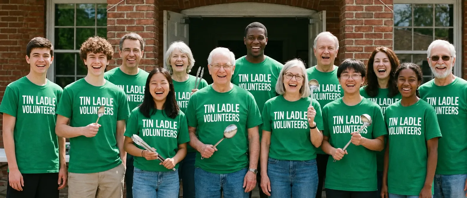 Volunteers in kitchen shirts outside the building (concept photo)