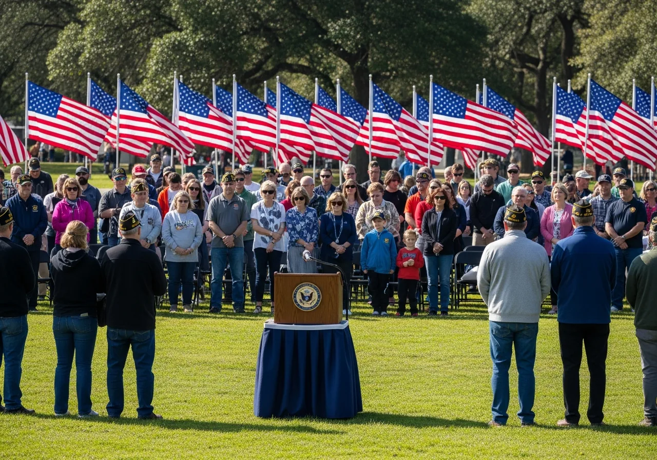 Outdoor veterans memorial event with American flags and gathered community
