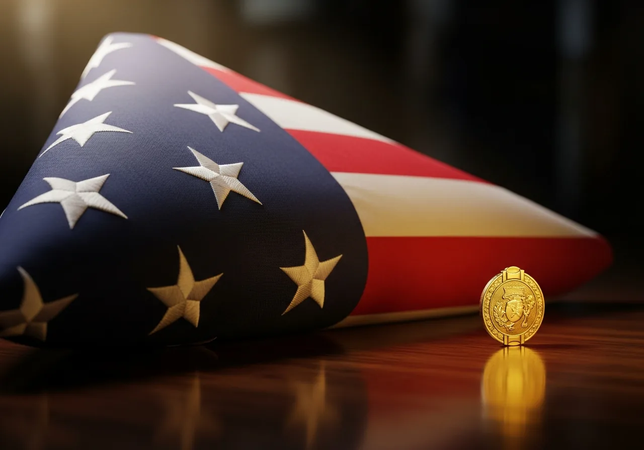 Folded American flag and gold challenge coin on dark wood, honoring fallen service members