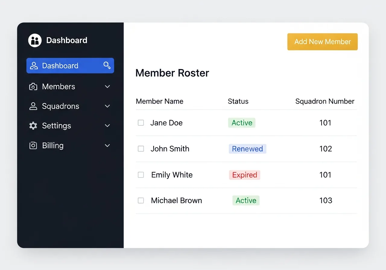 Member management dashboard with roster, status badges, and squadron data