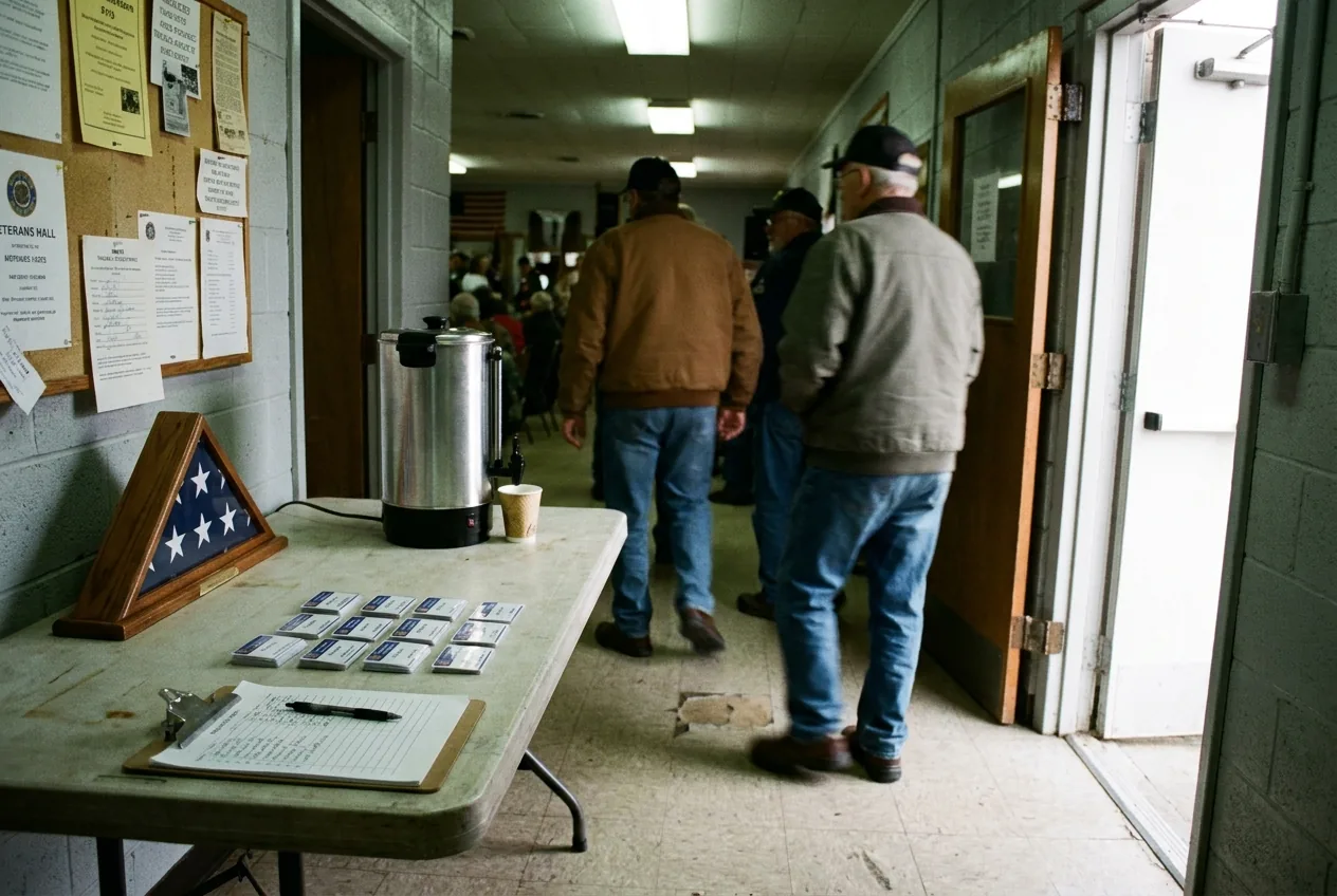 Sign-in table at a chapter meeting with a roster clipboard and name badges