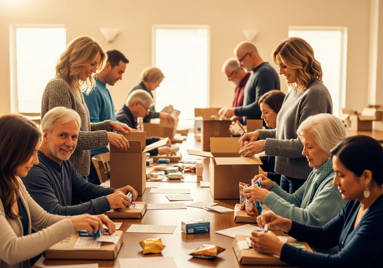 Volunteers organizing care packages for veterans at a community center